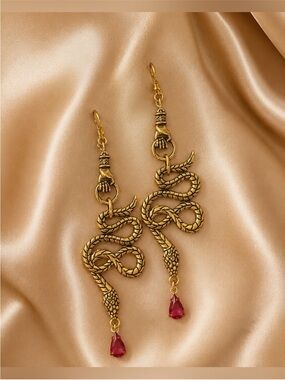 24k Gold Plated Snake Drop Earrings Red Crystal Serpent Statement Dangle Jewelry